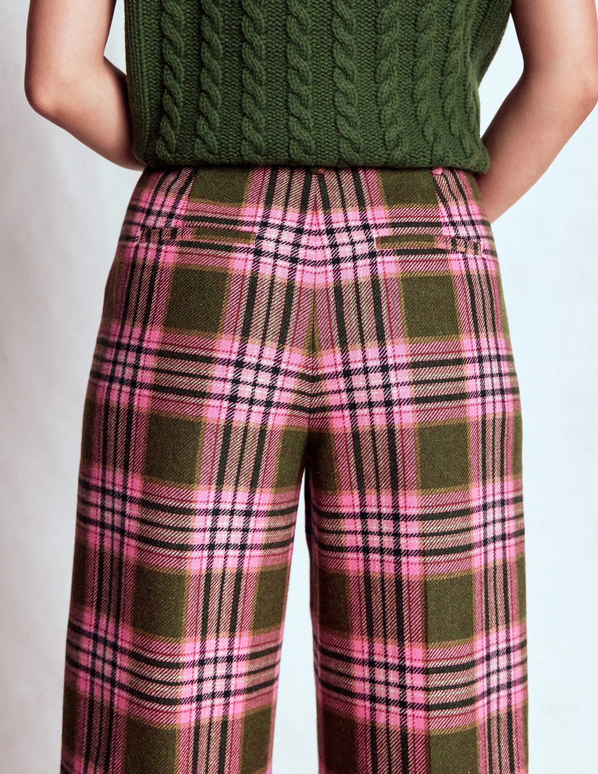 Belgravia Wool Trousers-Olive, Green and Pink Check Body Movement Sporty Vibe