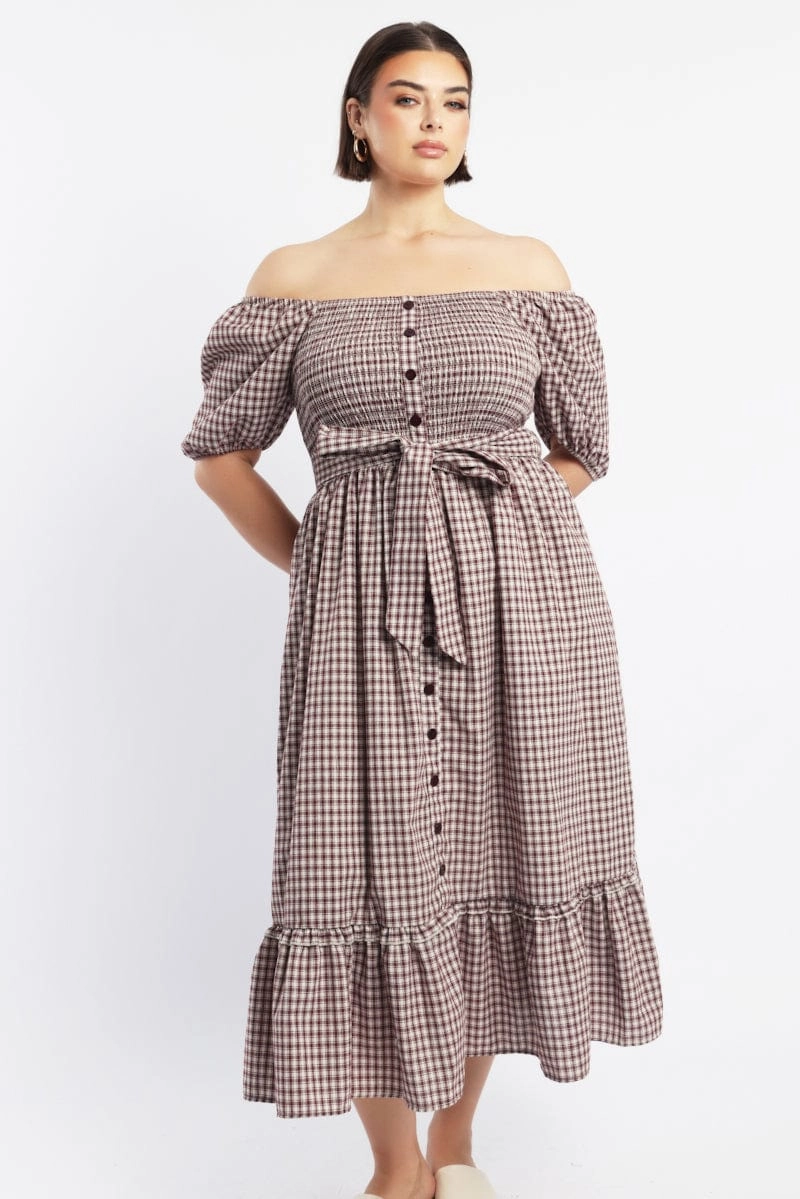 Maternity-Fit Lunch Date Red Check Midi Dress Short Sleeve Check Front Button Placket