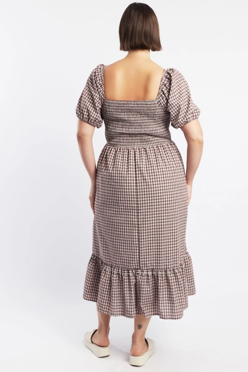 Red Check Midi Dress Short Sleeve Check Front Button Placket Stretchable Timeless Fit