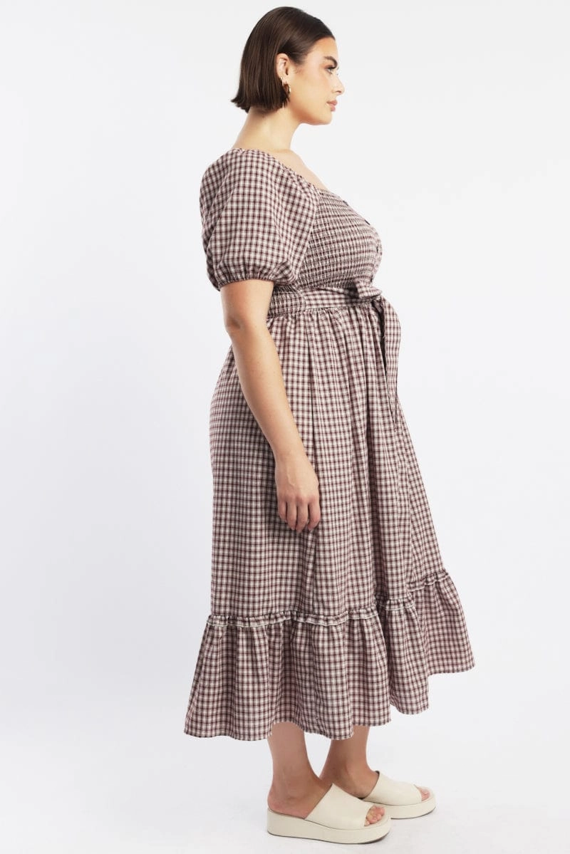 Smart Pairing Simple Elegance Red Check Midi Dress Short Sleeve Check Front Button Placket