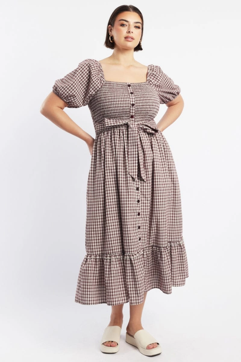 Pleat Breeze Minimalist-Trend Red Check Midi Dress Short Sleeve Check Front Button Placket