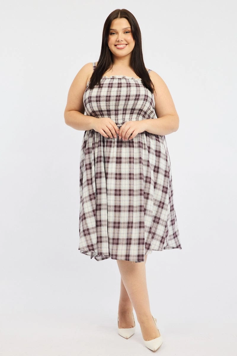 Perfectly Crafted Night Mood Red Check Midi Dress Sleeveless Shirred