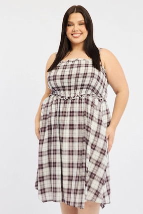 Red Check Midi Dress Sleeveless Shirred Clean Drape Sophisticated Tailoring