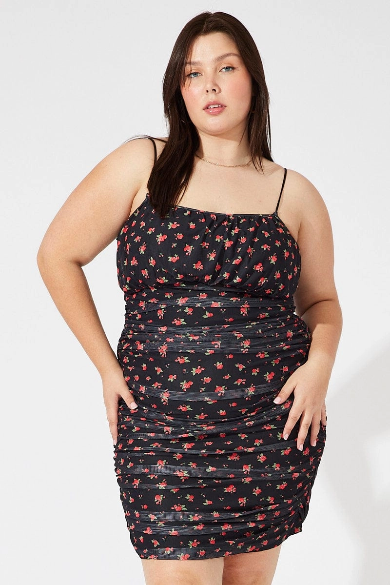 Red Ditsy Mesh Ruched Dress Noble Aura Flare Hem