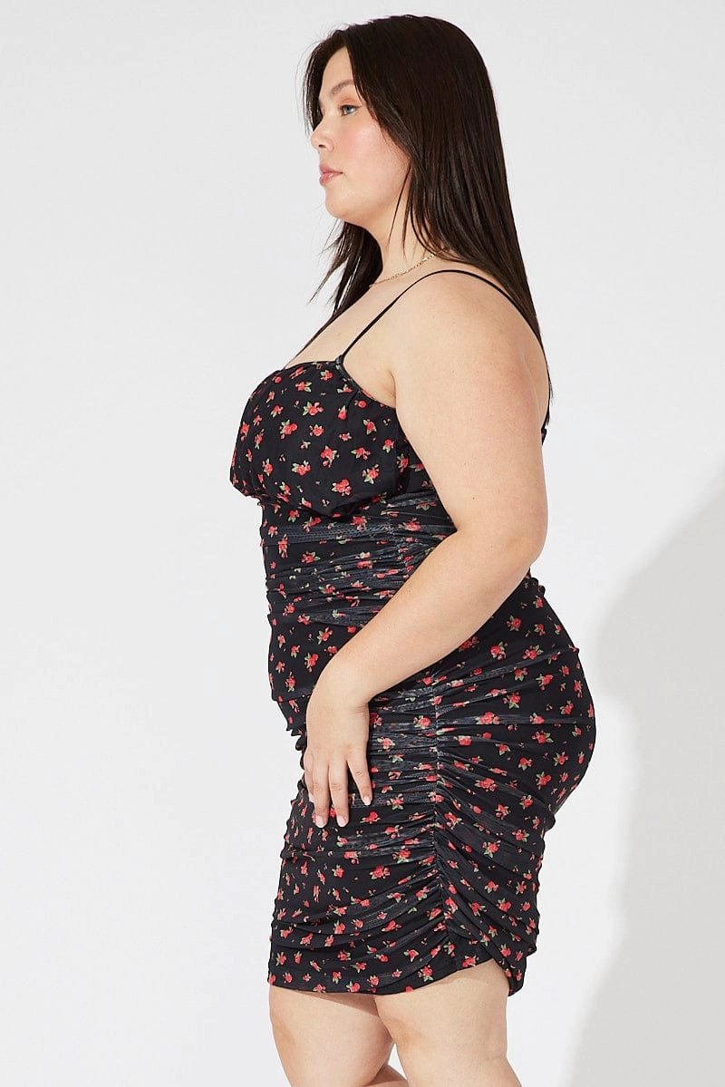 Red Ditsy Mesh Ruched Dress Occasion Wear Euro Ease