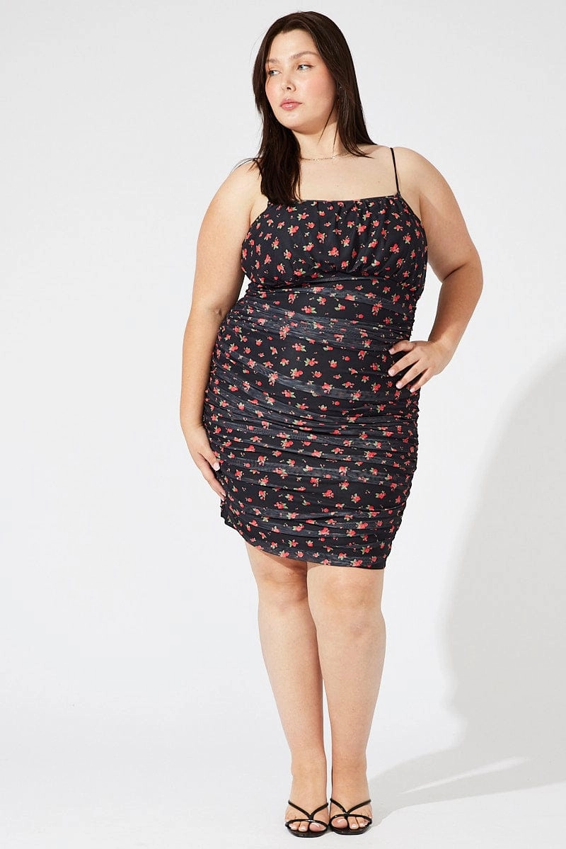 Chic Ensemble Relaxed Vibe Red Ditsy Mesh Ruched Dress