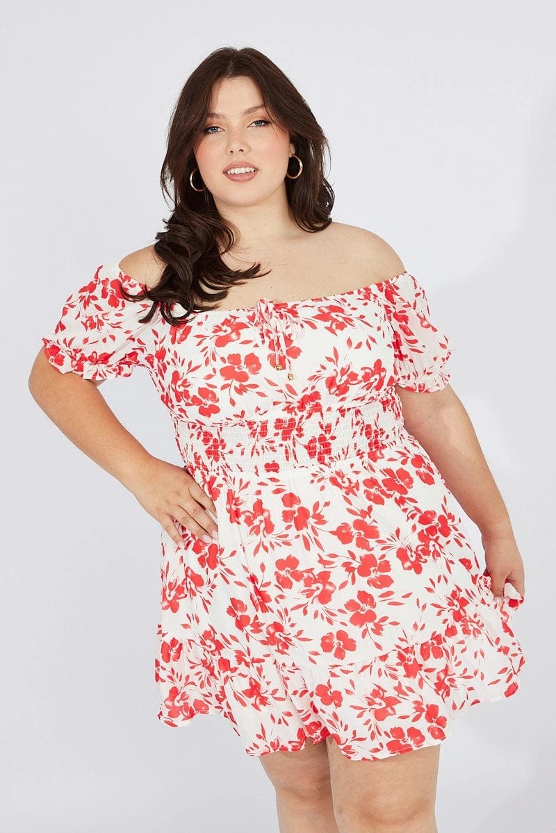 Elegant Everyday Crisp Look Red Floral Fit And Flare Dress Short Sleeve Ruched Bust