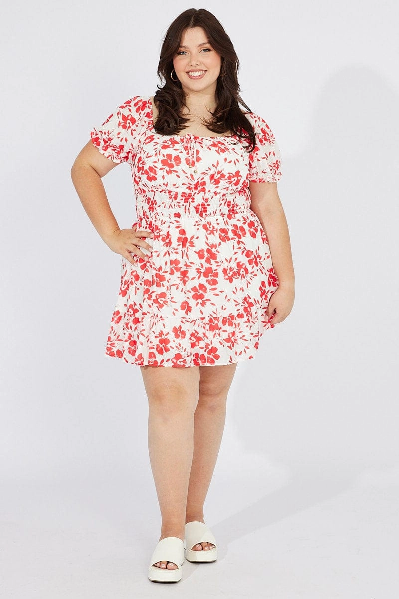 All Day Soft And Comfortable Red Floral Fit And Flare Dress Short Sleeve Ruched Bust