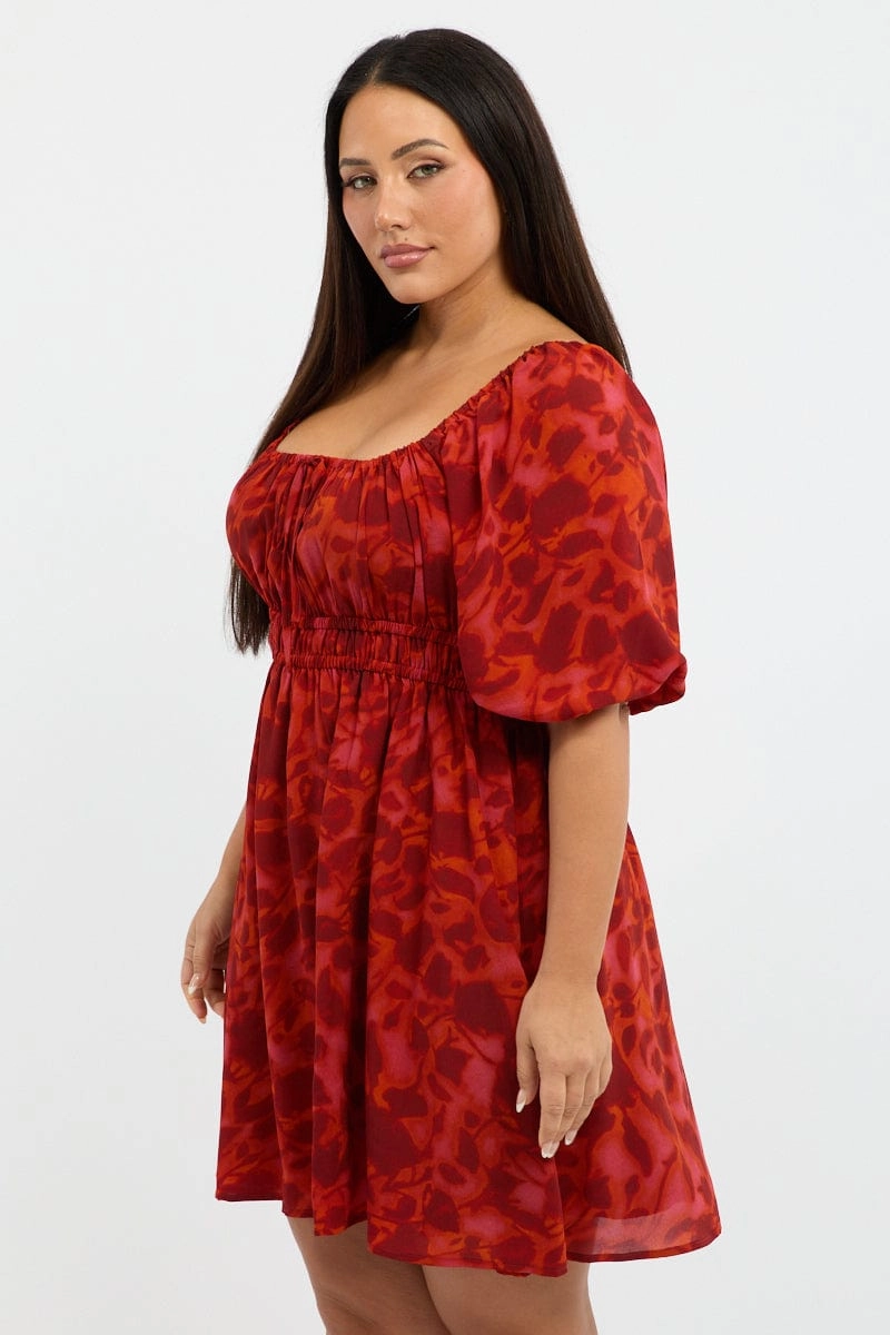 Red Floral Scoop Neck Tie Front Gather Minidress Layered Form Light Weight