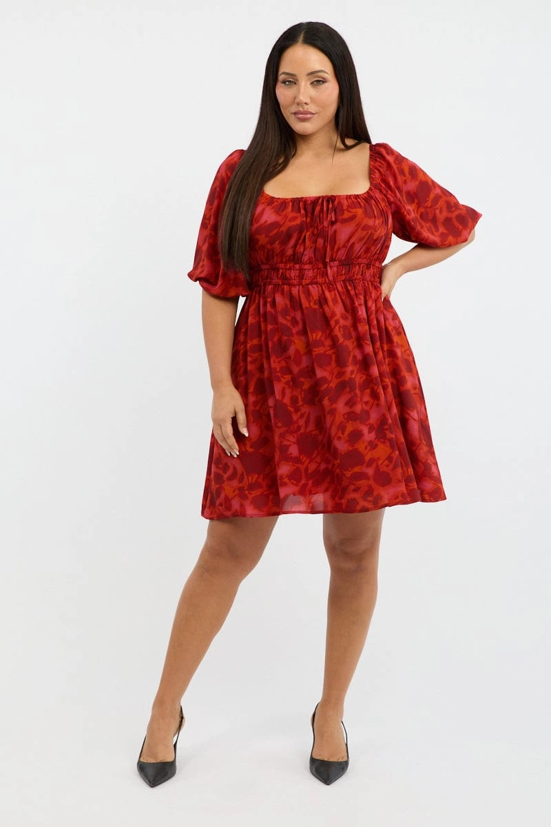 Red Floral Scoop Neck Tie Front Gather Minidress Work Appropriate Lightweight-Layer