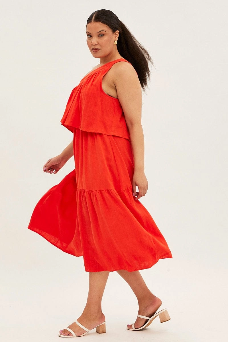 Modern-style Red Midi Dress One Shoulder Frill Linen Blend