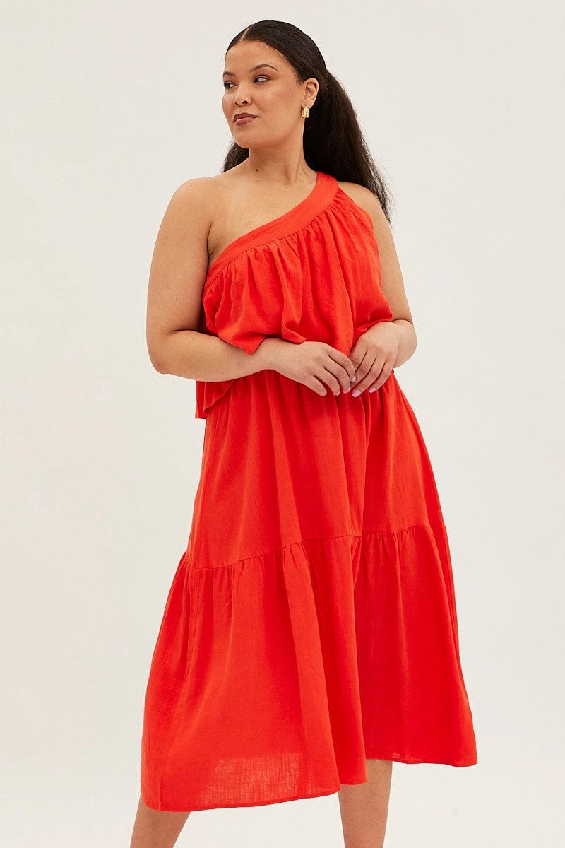 Red Midi Dress One Shoulder Frill Linen Blend Sheer Light