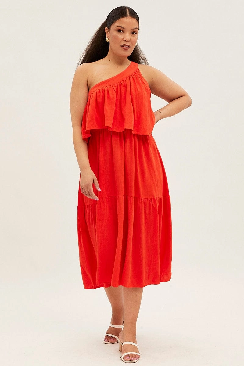 Sophisticated Fit Red Midi Dress One Shoulder Frill Linen Blend