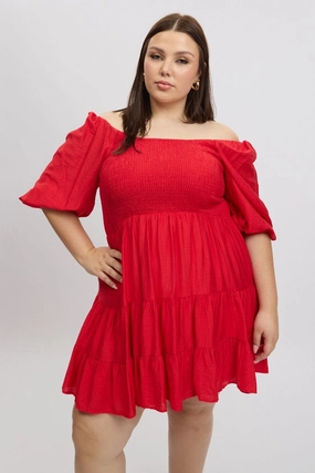 Simple Ease Red Shirred Bodice Puff Sleeve Tiered Mini Dress