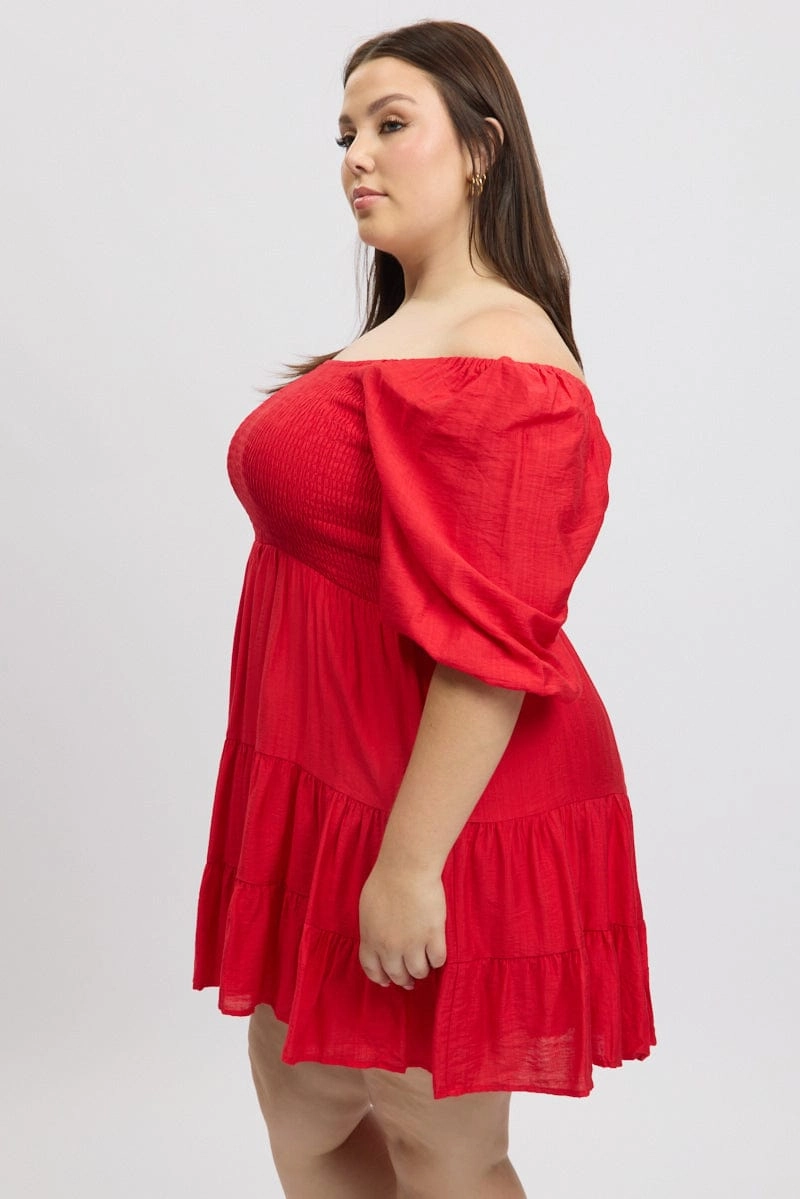 Red Shirred Bodice Puff Sleeve Tiered Mini Dress Skin Touch Comfortable Design
