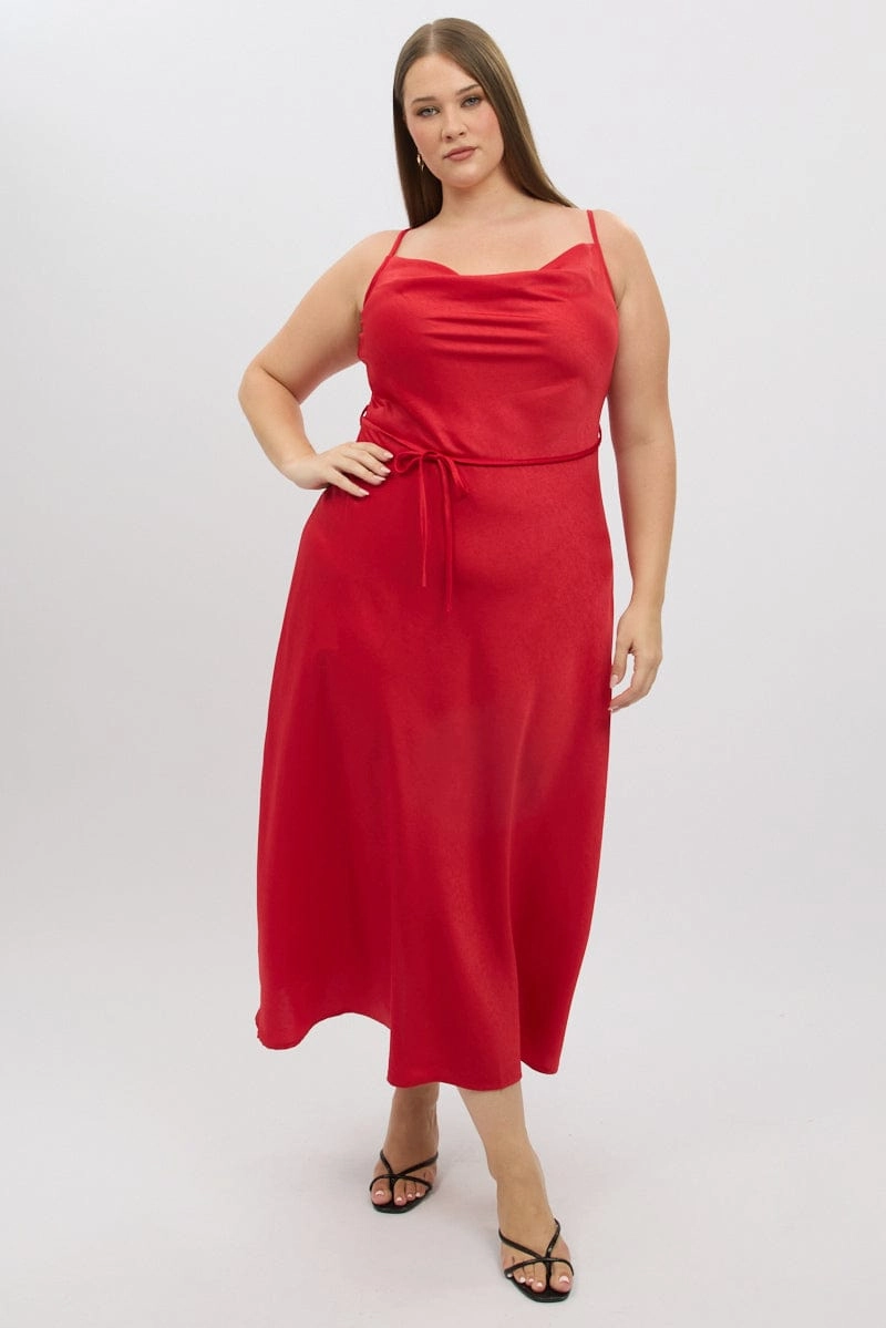 Sleek Flex Collar Accent Red Strappy Cowl Neck Satin Bias Slip Dress