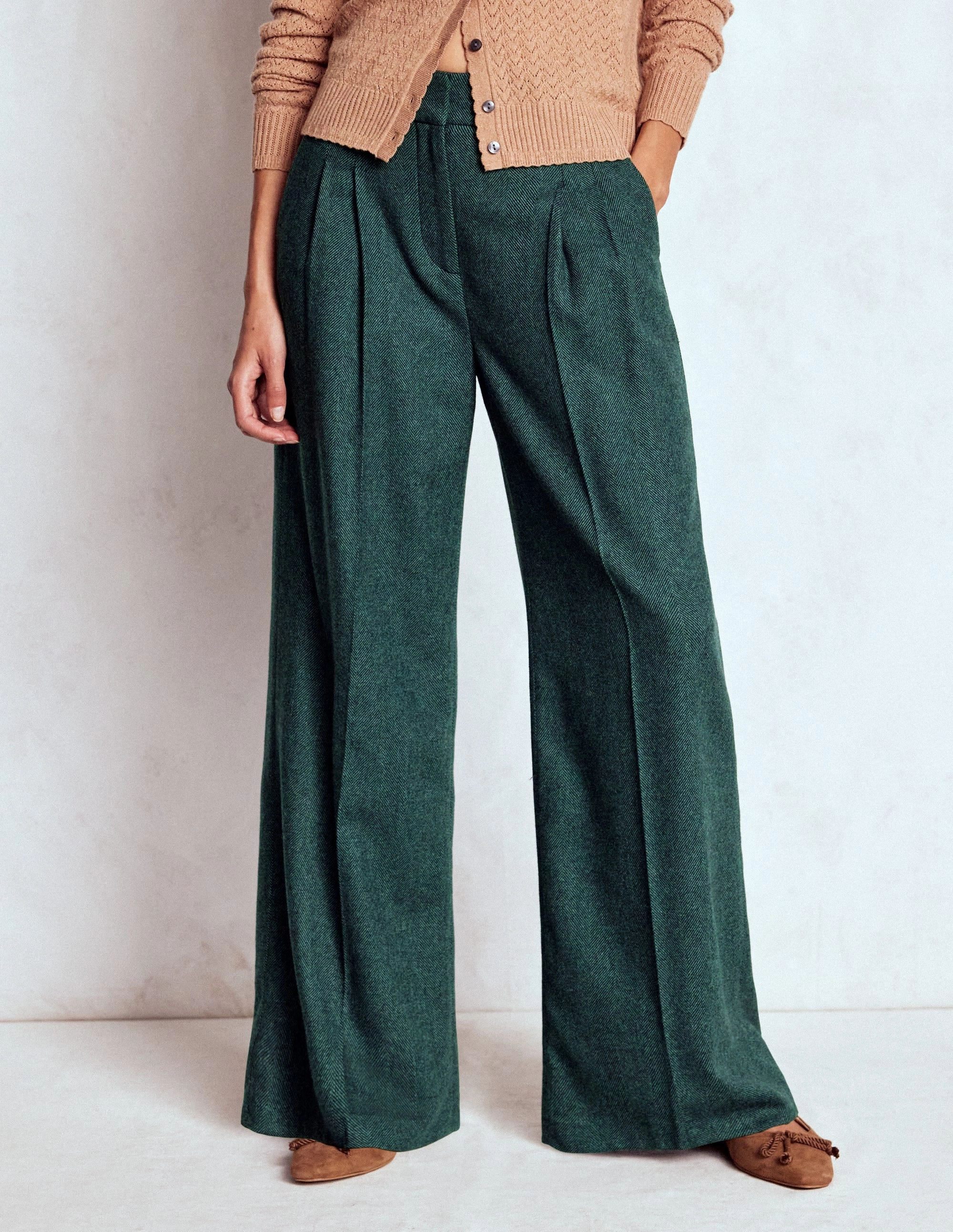 Kensington Wool Trousers-Green and Navy Herringbone NonRestrictiveFit All Day Comfort Fit