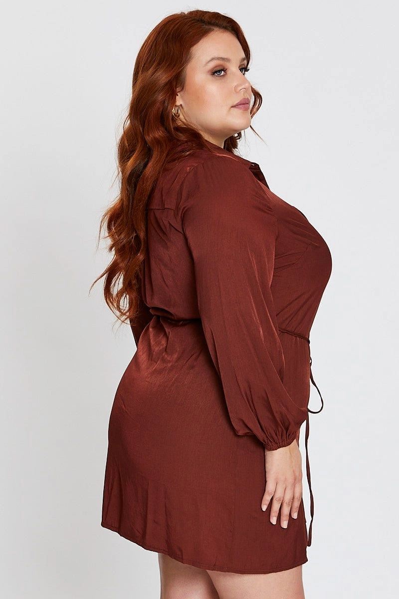 All Day Relaxed Line Brown Long Sleeve Tie Waist Shirtdress