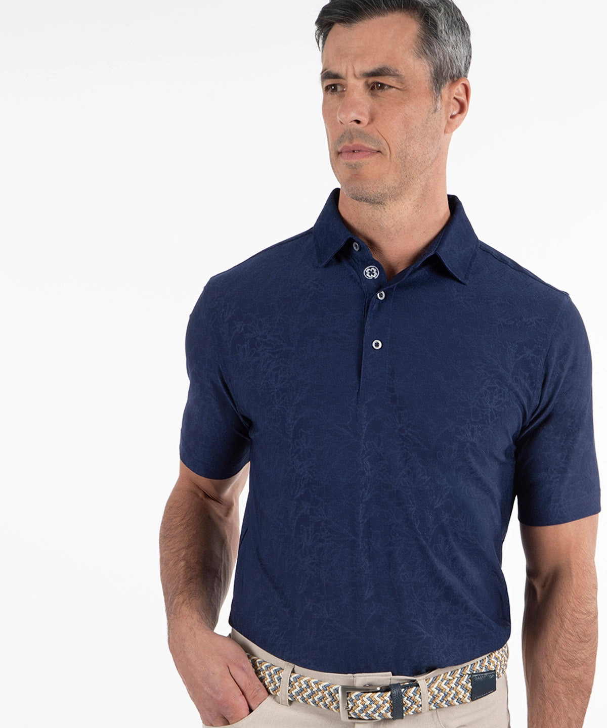 Performance Jacquard Magnolia Print Short-Sleeve Polo FourButton Placket Tailored Silhouette