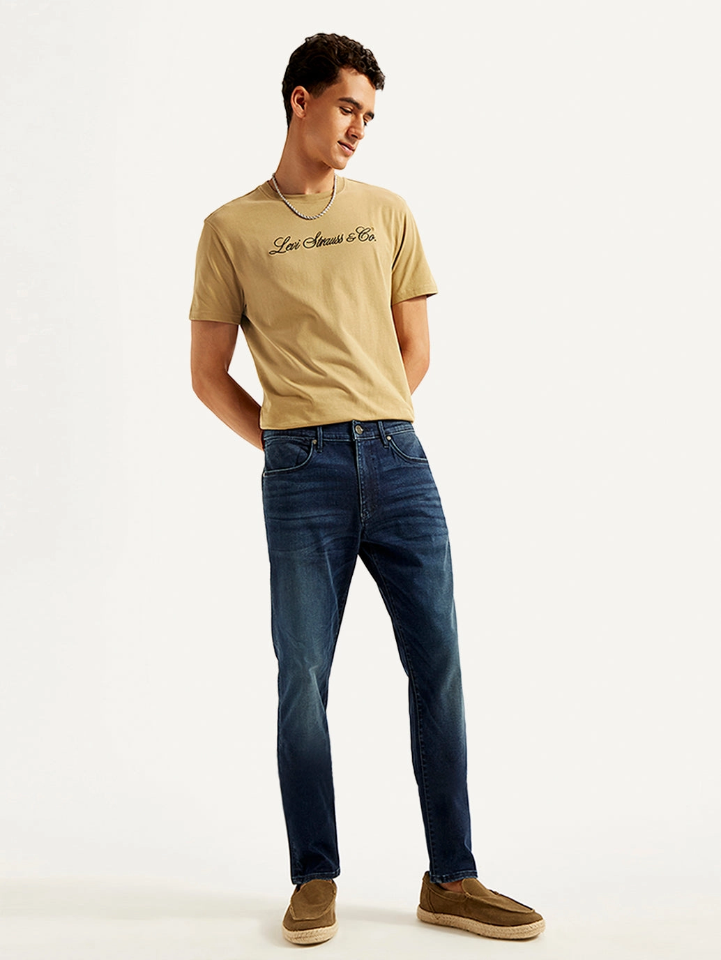 Smart Casual Spring Mood Formal Travel Outfit Evening Stroll Minimalist Men's Redloop 512 Dark Blue Slim Tapered Fit Mid Rise Jeans