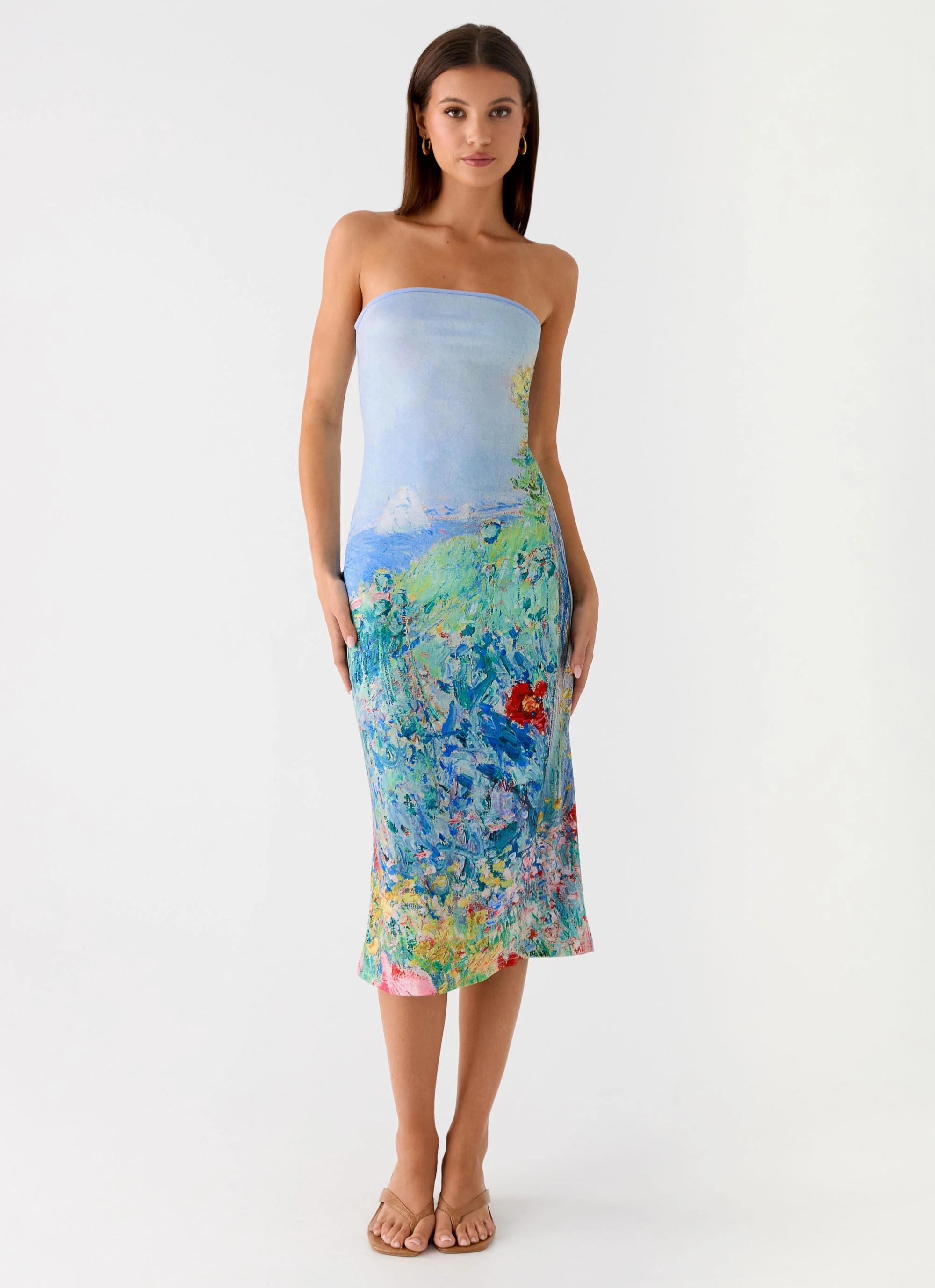 understated look Night Appeal Niko Strapless Midi Dress - Spring Garden