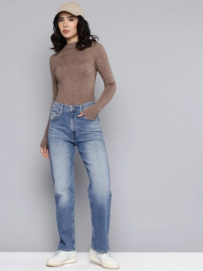 Women's Blue Ribcage Straight Fit High Rise Jeans Comfortable Design Music Event Picnic Style