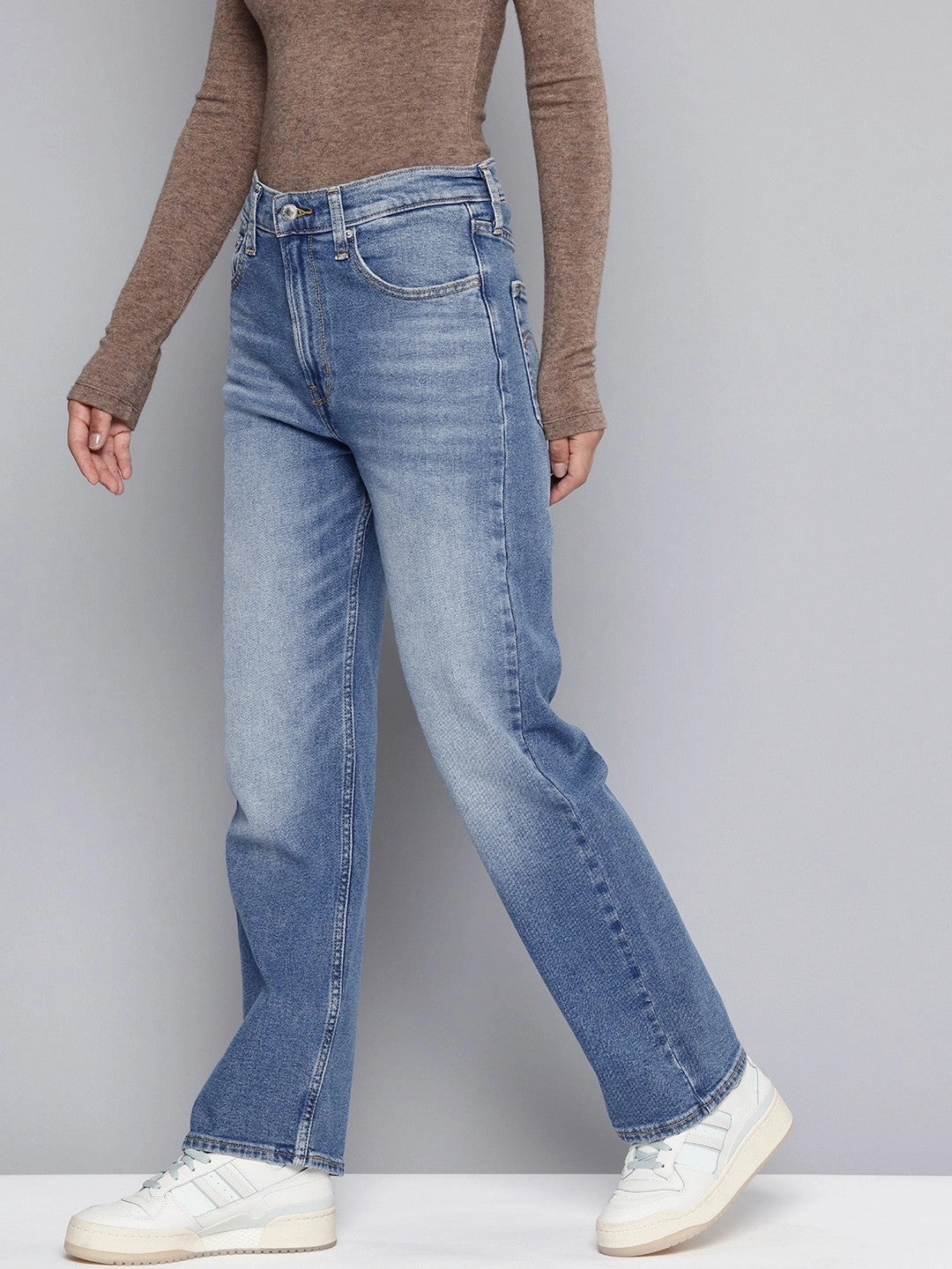 Lightweight Parent Style Durable Trendy Fit Women's Blue Ribcage Straight Fit High Rise Jeans