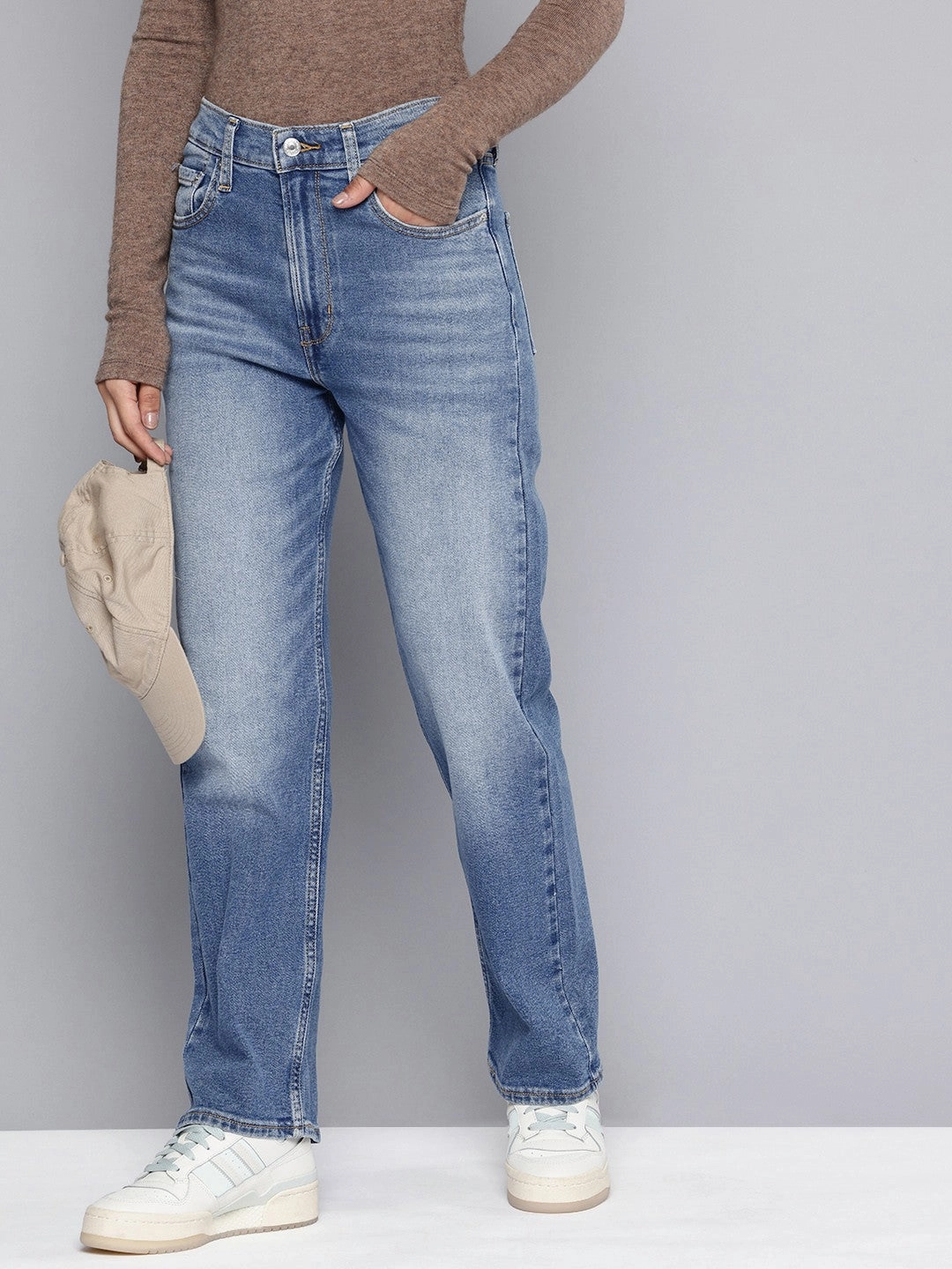 Modern Couple Look Women's Blue Ribcage Straight Fit High Rise Jeans