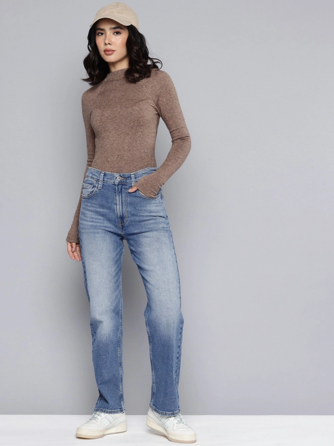 Women's Blue Ribcage Straight Fit High Rise Jeans Comfortable Design Music Event Picnic Style