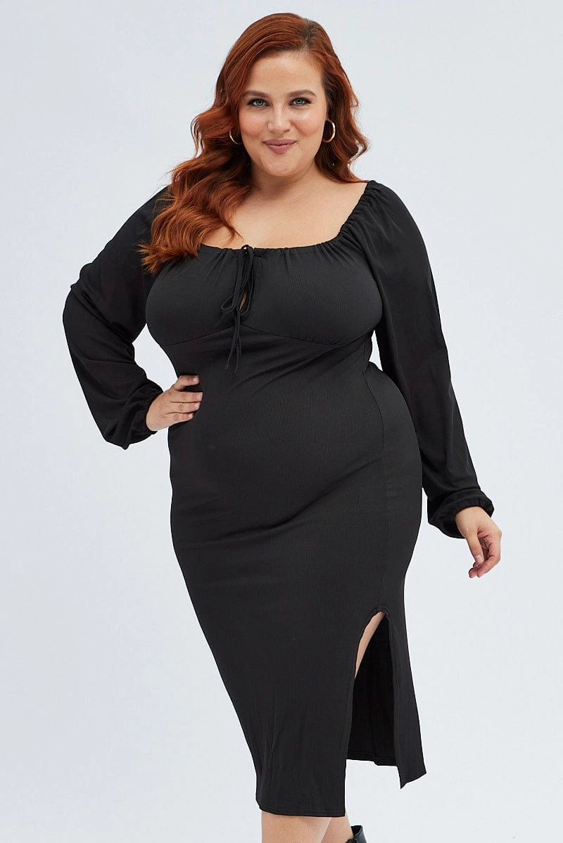 Elegant Waist Black Bodycon Dress Rib Jersey Tie Midi Off Shoulder