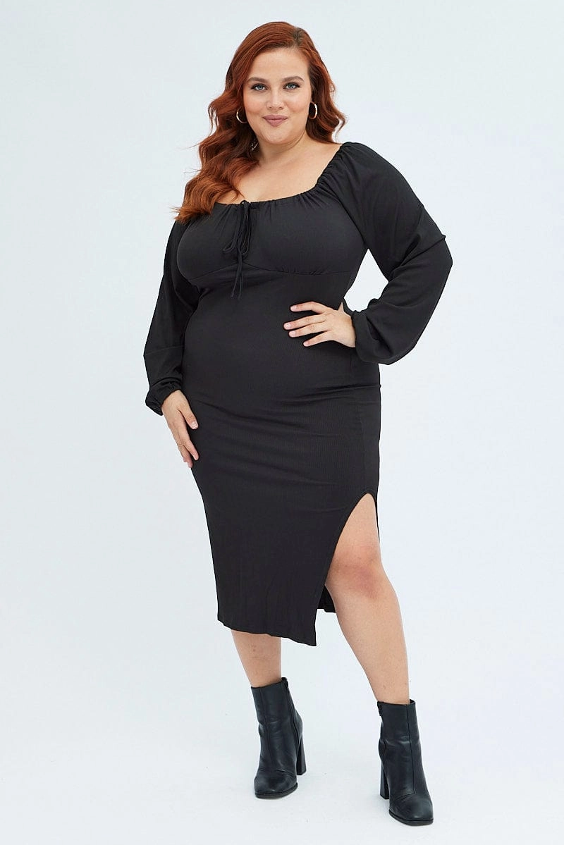 Black Bodycon Dress Rib Jersey Tie Midi Off Shoulder Abrasion-resistant Noble Glow
