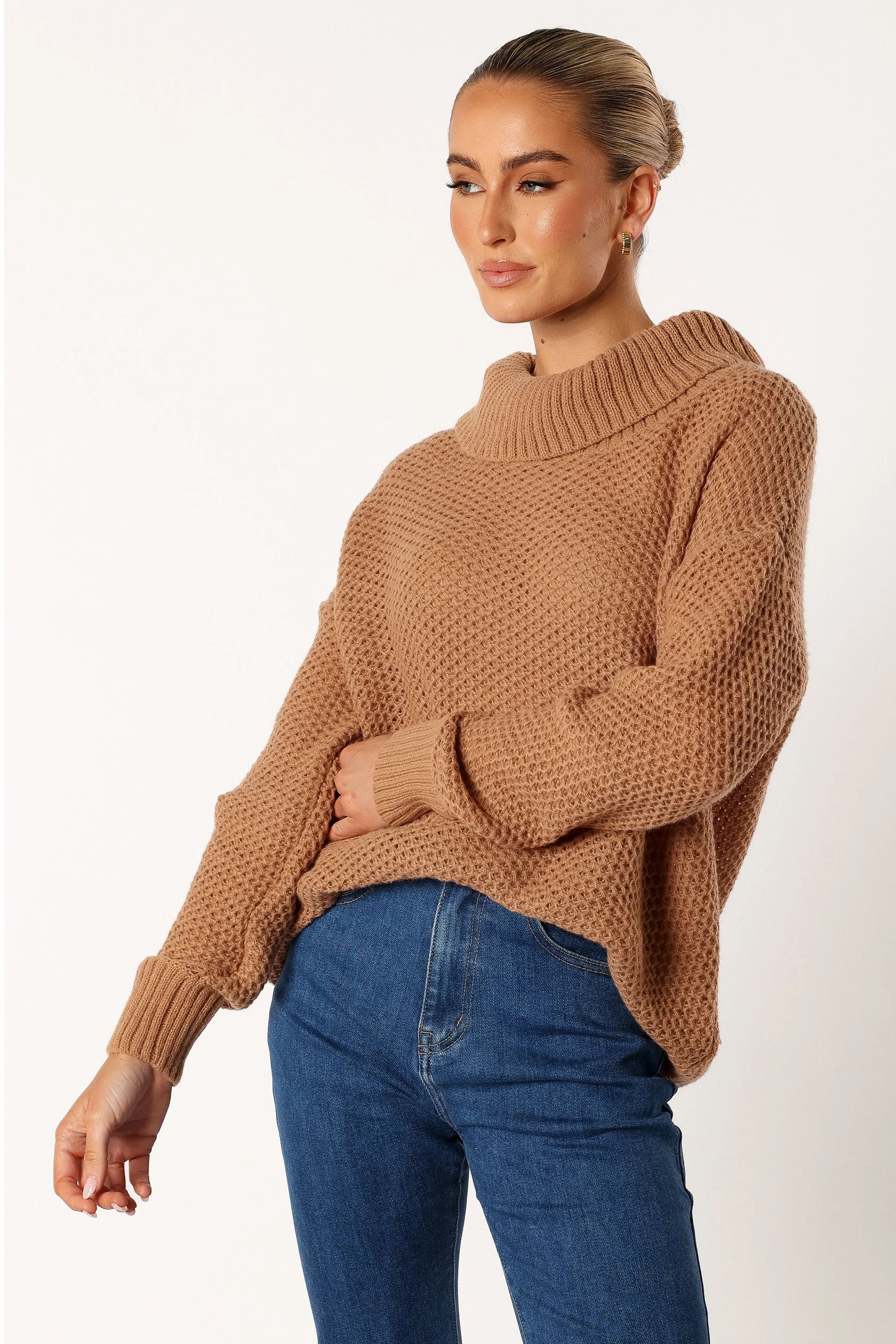 Rayne Turtleneck Knit Sweater - Beige Elastic hemline Breathable mesh