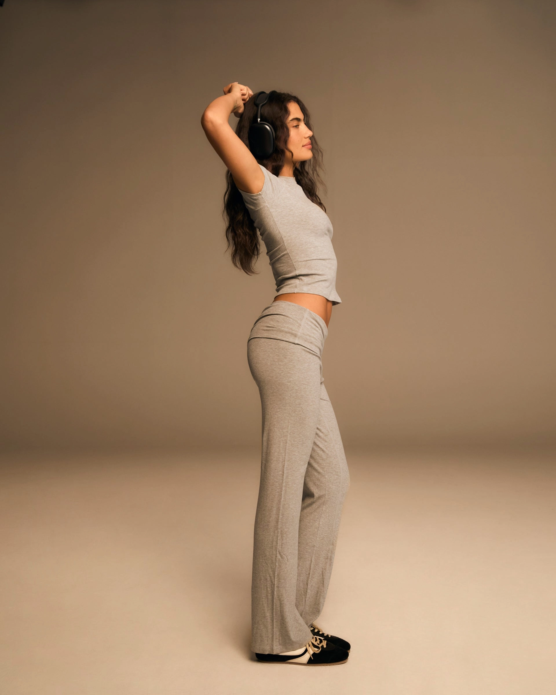Classic Fit Rib Fold Over Pants - Grey Melange