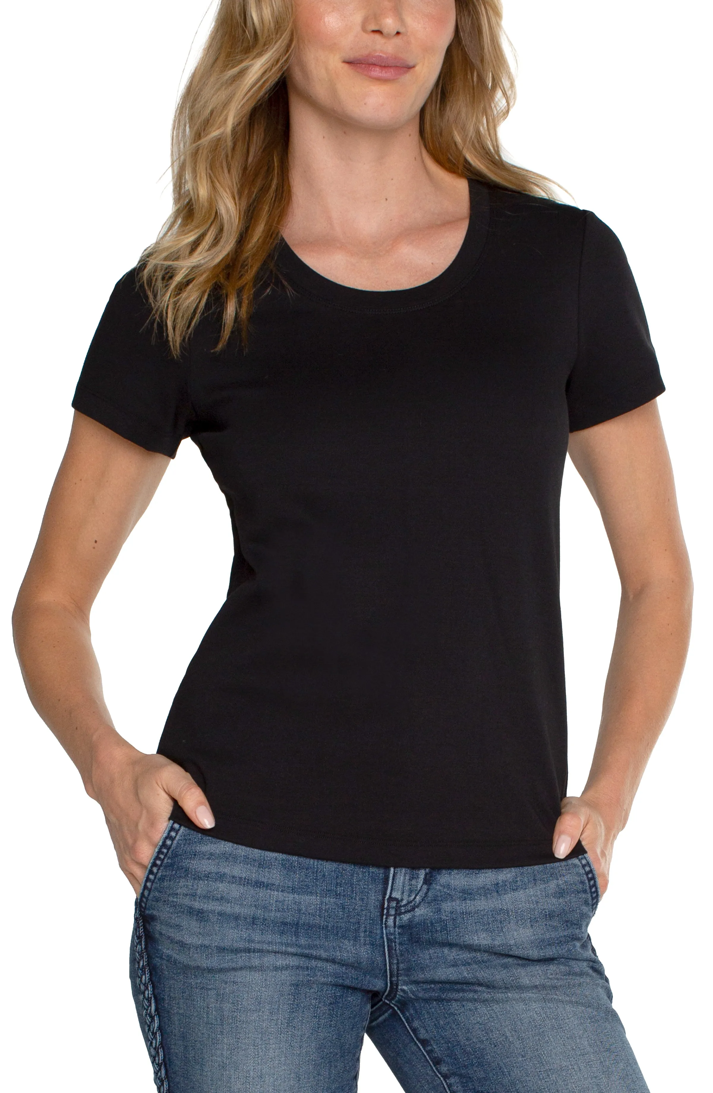 Comfy Casual Wear Seam Free Shoulders Ribbed collar Scoop Neck Short Sleeve Tee | Black