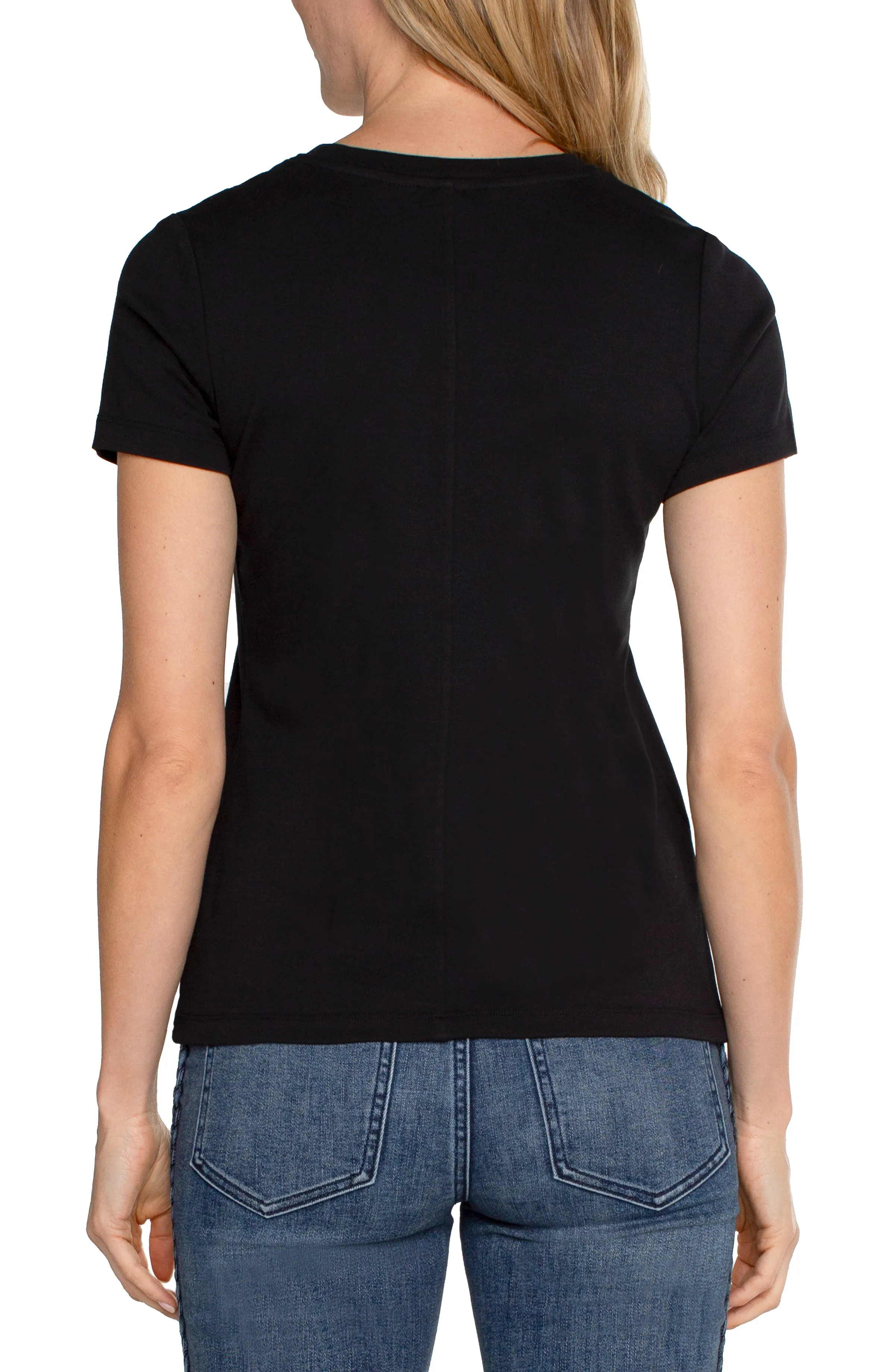 Ribbed collar Scoop Neck Short Sleeve Tee | Black Active Trend Look Temperature Control Fabric
