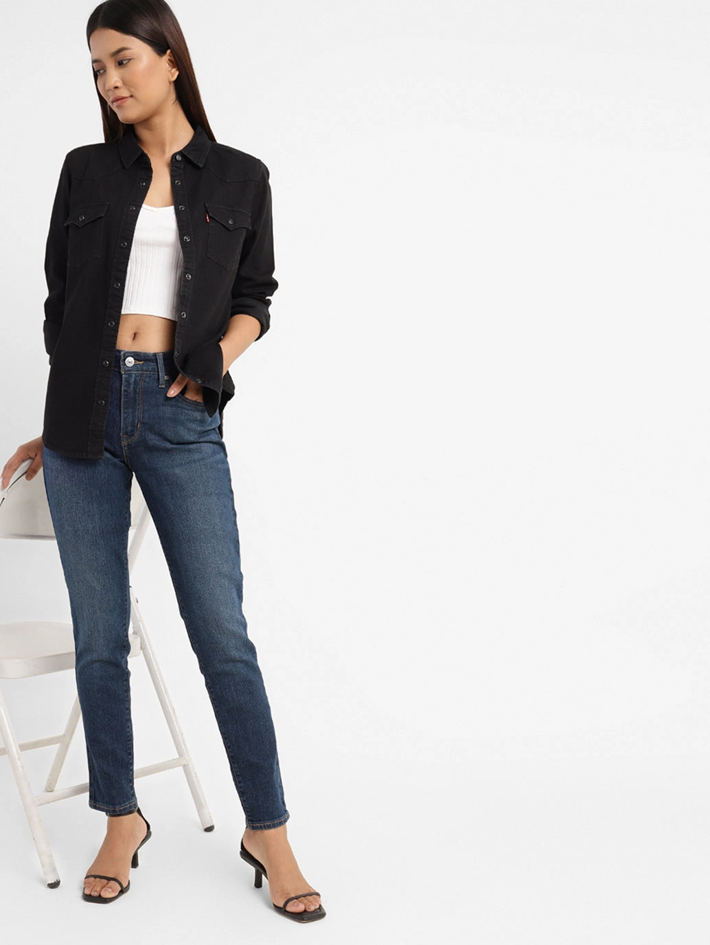 Women's 711 Blue Skinny Fit Mid Rise Jeans No Gap Waist Design Traveler Gear Stretch Creative Look