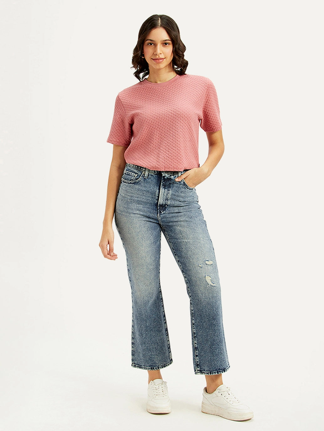 Women's Blue Ribcage Cropped Bootcut Fit High Rise Jeans Layer Friendly Piece Anti Pilling Technology