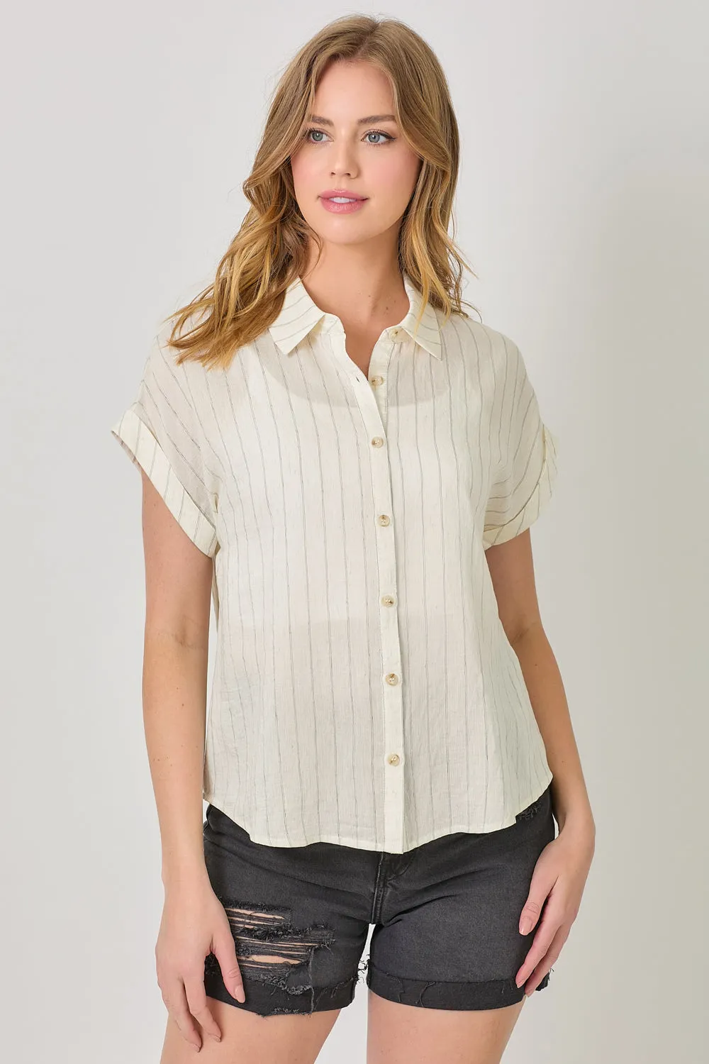 Rolled Up Sleeve Stripe Top | Ivory, Seafoam Green Soft Touch Classic Wearable