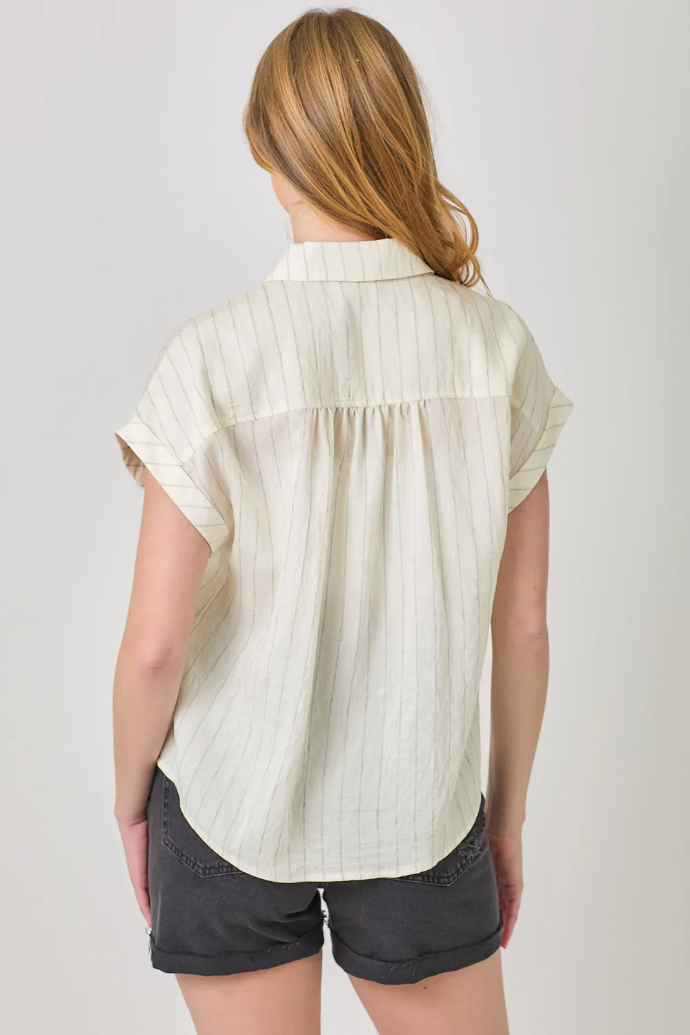 Easy-to-Match petite size Rolled Up Sleeve Stripe Top | Ivory, Seafoam Green Soft Touch