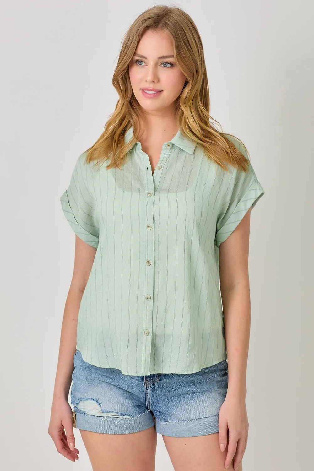 Rolled Up Sleeve Stripe Top | Ivory, Seafoam Green Soft Touch Breathable mesh panel