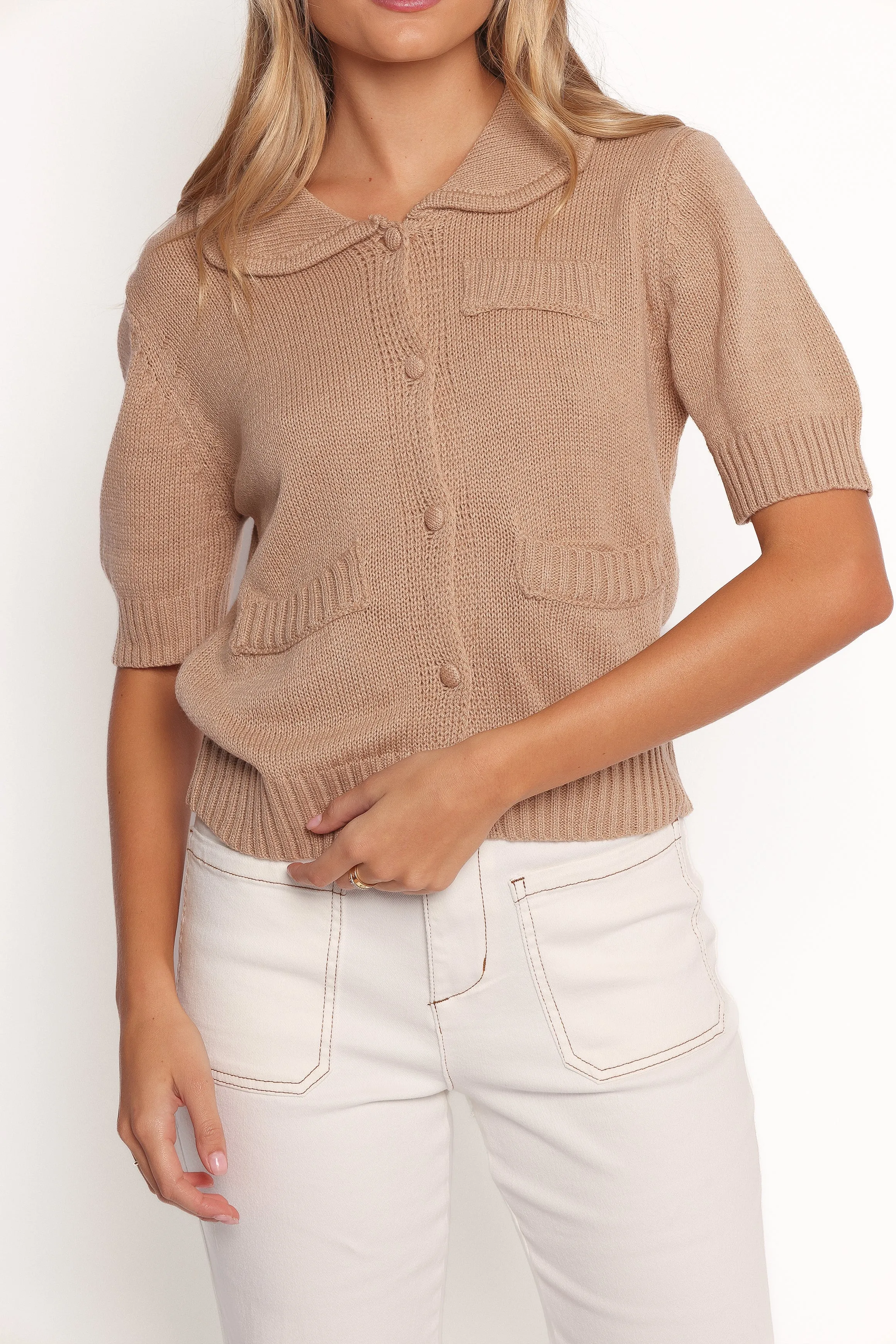 Moisture Wicking Texture Roman Button Front Cardigan - Beige