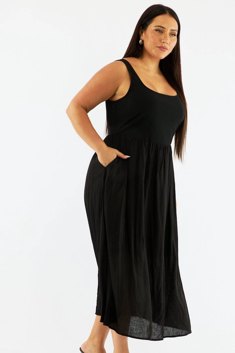 Black Midi Dress Sleeveless Scoop Neck Linen Blend Chic Layered Wear