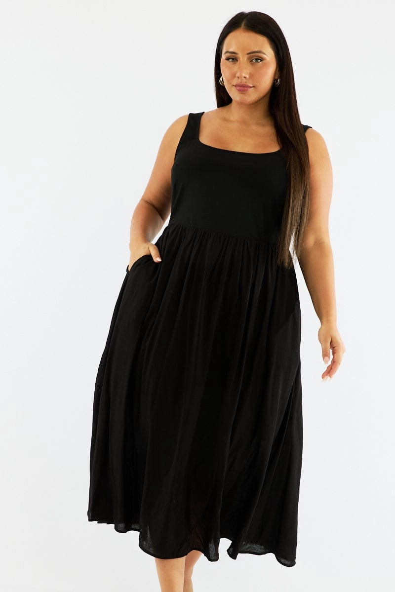 Black Midi Dress Sleeveless Scoop Neck Linen Blend Back Detail