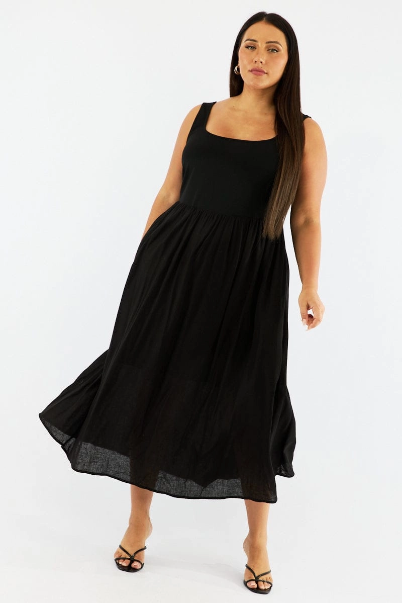 Black Midi Dress Sleeveless Scoop Neck Linen Blend Back-Zip