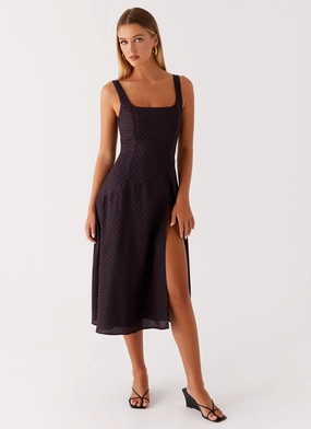 Rowyn Midi Dress - Black Polka Dot Relaxed Waist Timeless Look