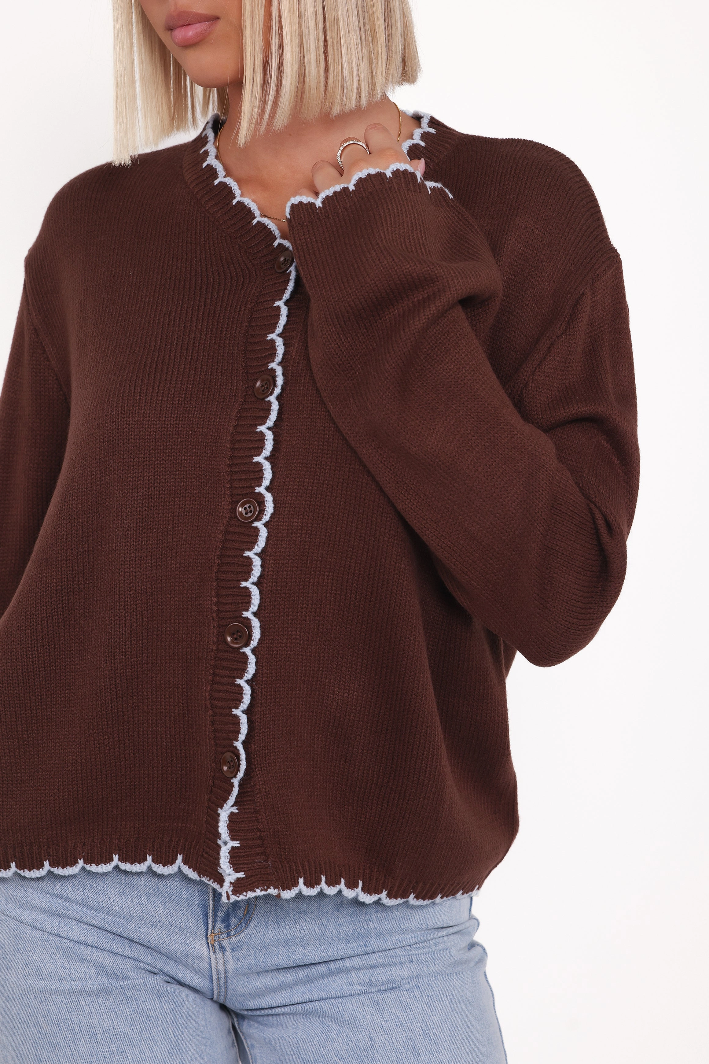 Oversized Collar Style Ruby Knit Cardigan - Brown