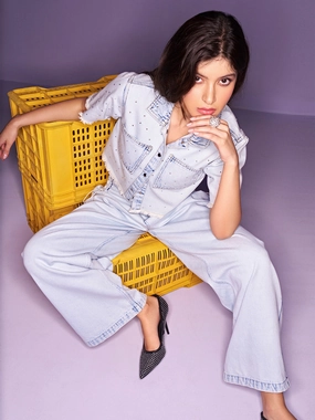 Madame Shanaya Kapoor Side Strings Ice Blue Wide Leg Jeans Smooth zipper closure Easy Option