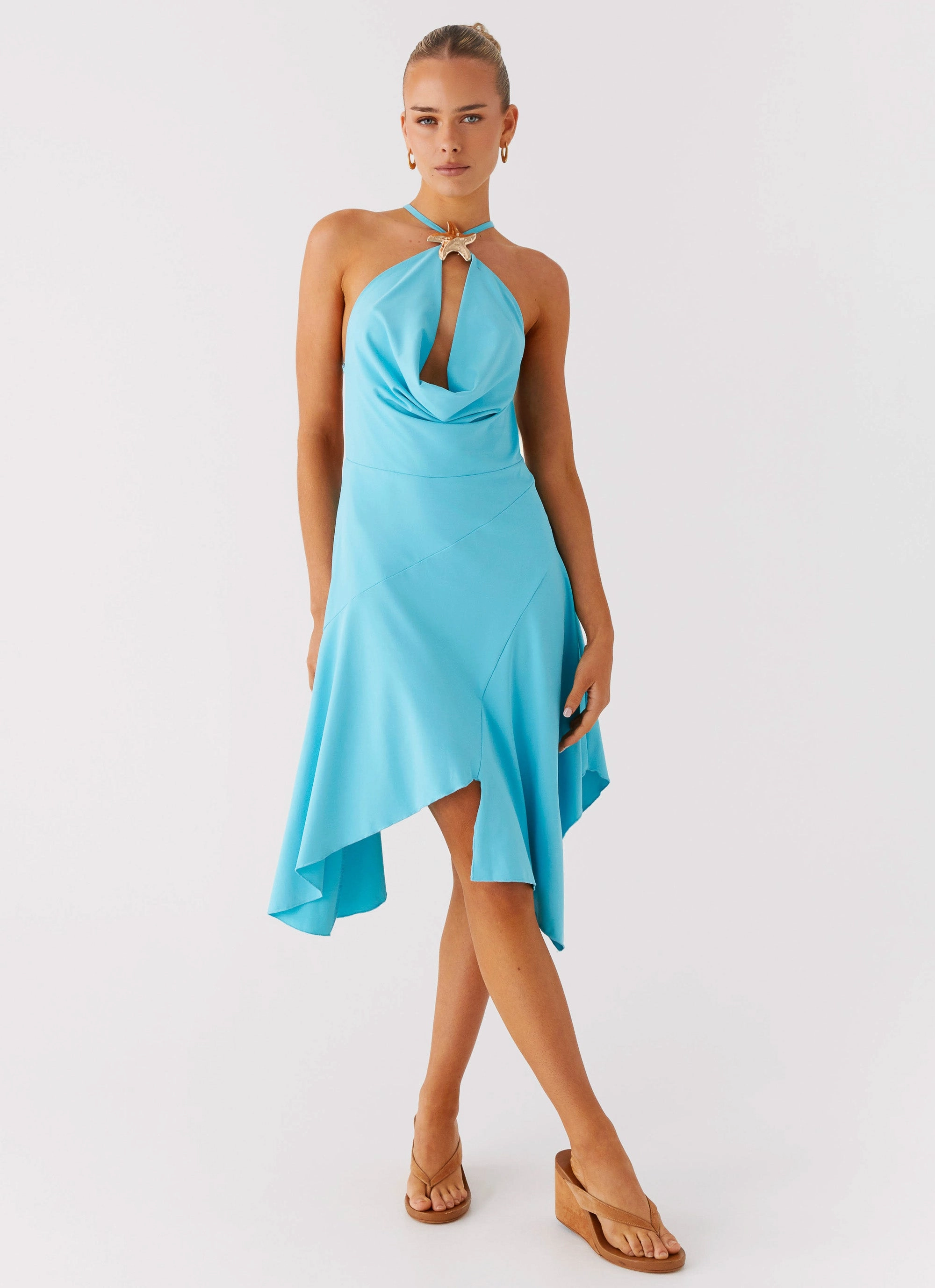 Printed-Lining Salt Kiss Midi Dress - Turquoise