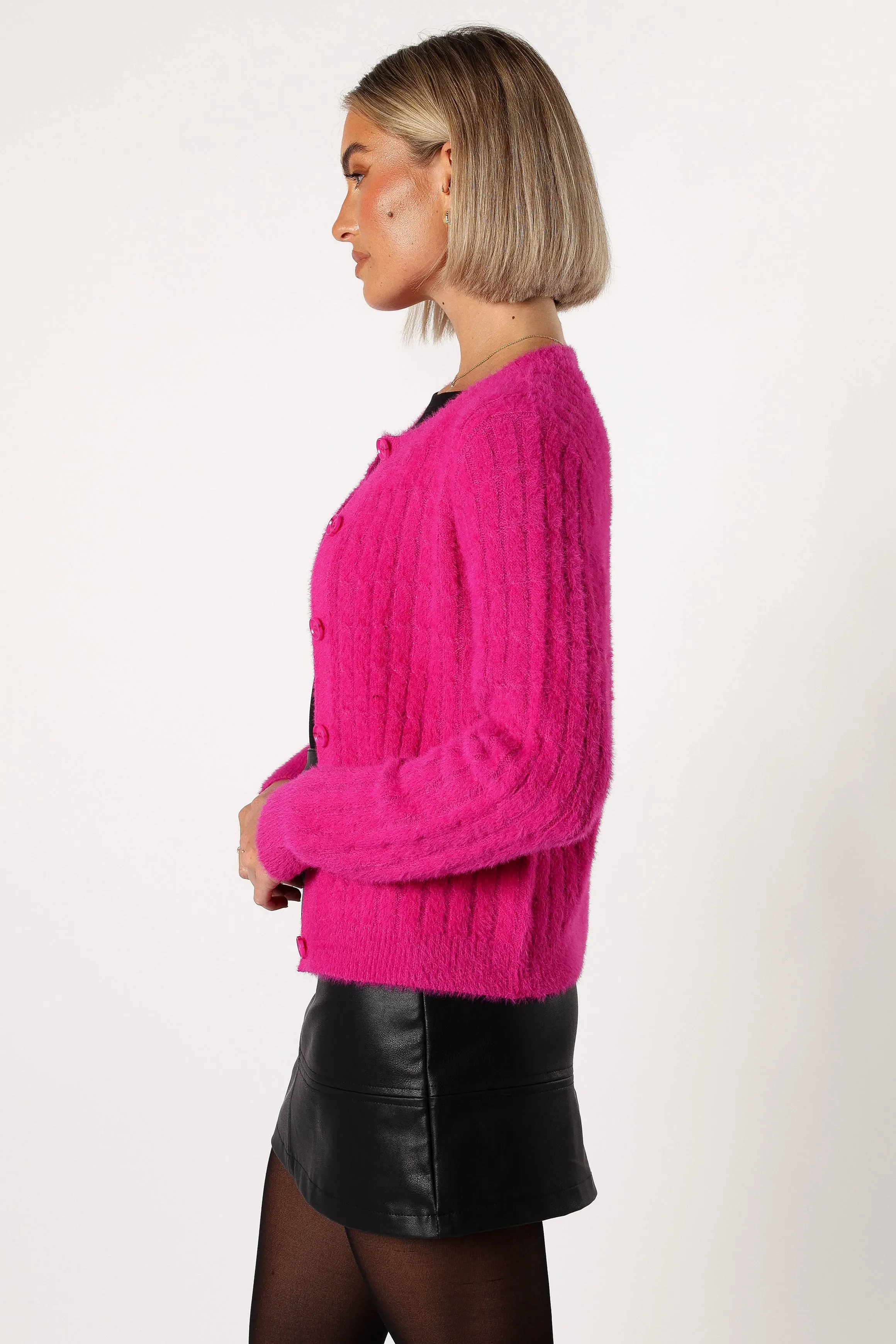 Colorfast Dyed Knit Lightweight Stretch Fabric Ryann Button Front Cardigan - Magenta