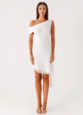 Rylee One Shoulder Midi Dress - White Light Weave Satin-Sleeve